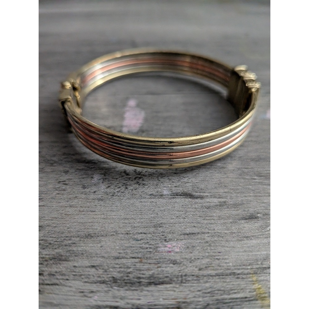 Vintage Tri-Tone Hinged Bangle Bracelet Gold Silver Rose Gold Tone Multi-Strand